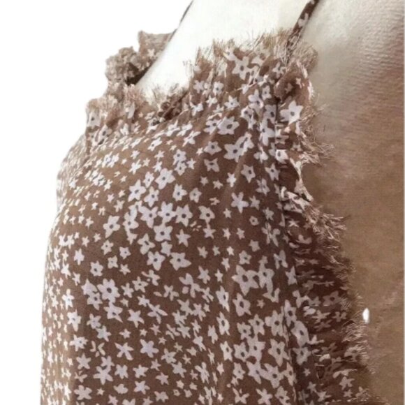 Flawless Tan White Ditzy Floral Boho Maxi Dress Lined Ruffle Women's Size Small - Picture 10 of 12